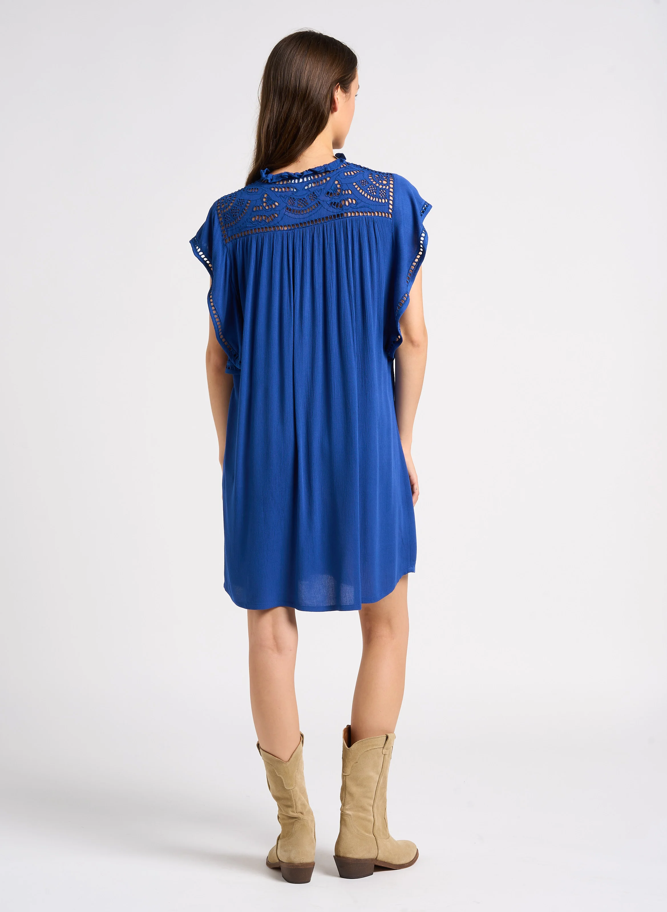 MARGOT - Robe courte brodée en coton | Bleu