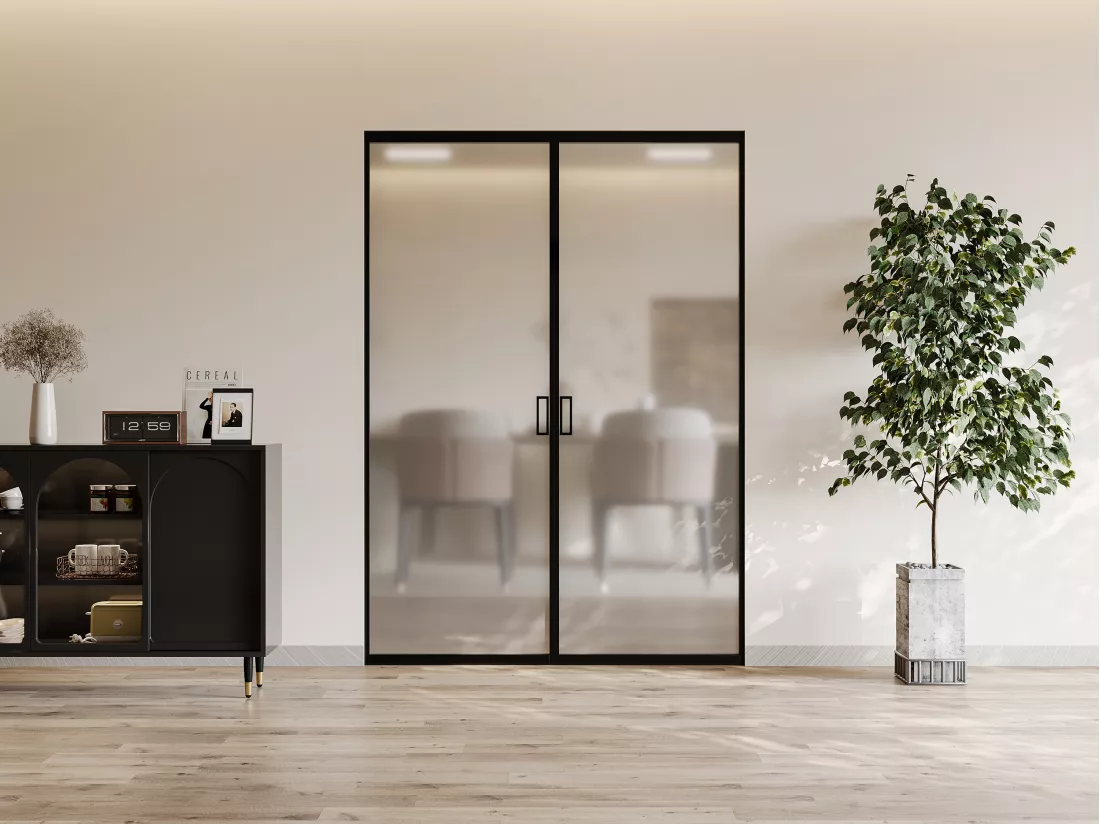 Porte coulissante double avec système à galandage - aluminium et verre trempé dépoli - 2 x H205 x L83 cm - LINCI II
