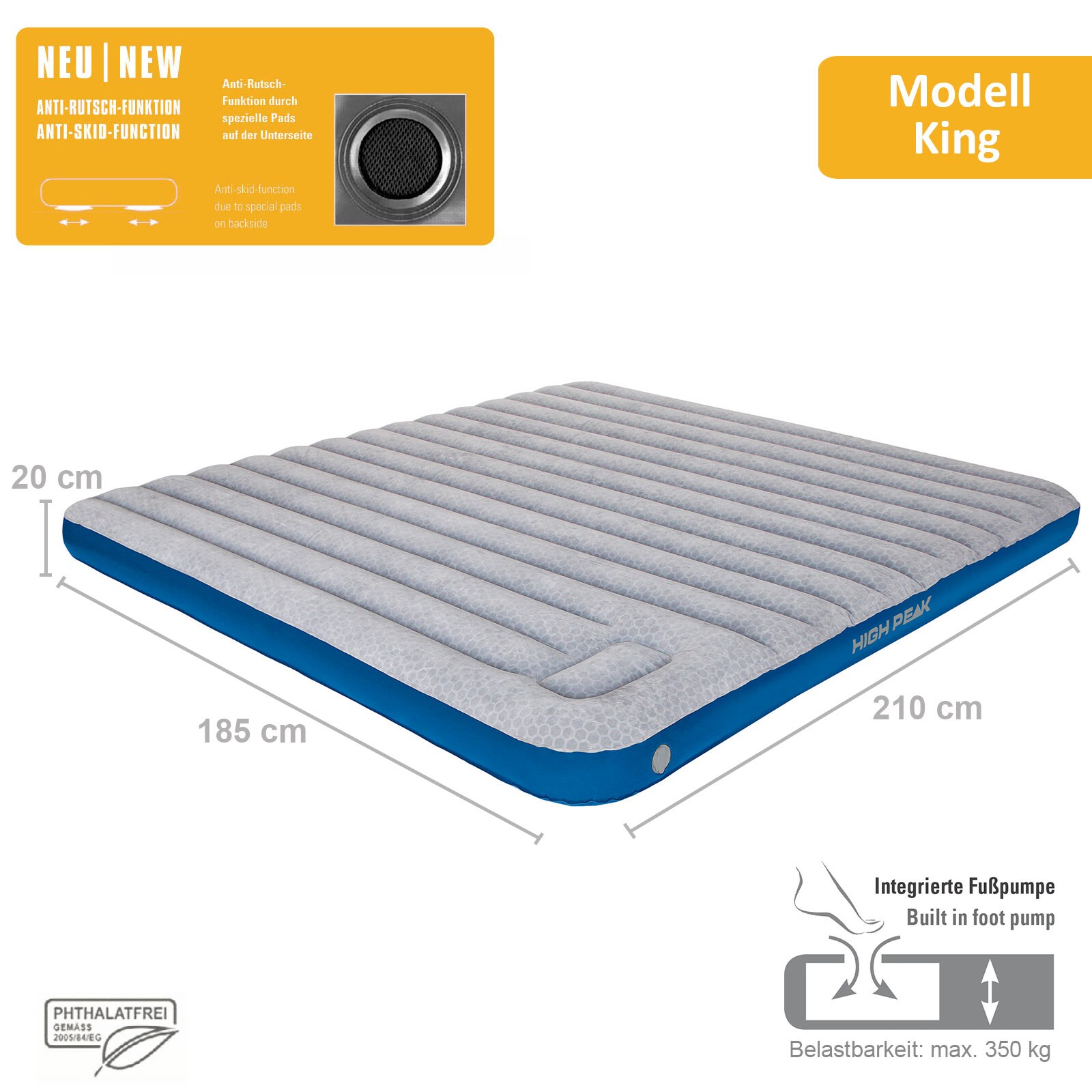 HIGH PEAK Luftbett Cross Beam XL - Isomatte Camping Luftmatratze Gästebett Pumpe Größe: Single