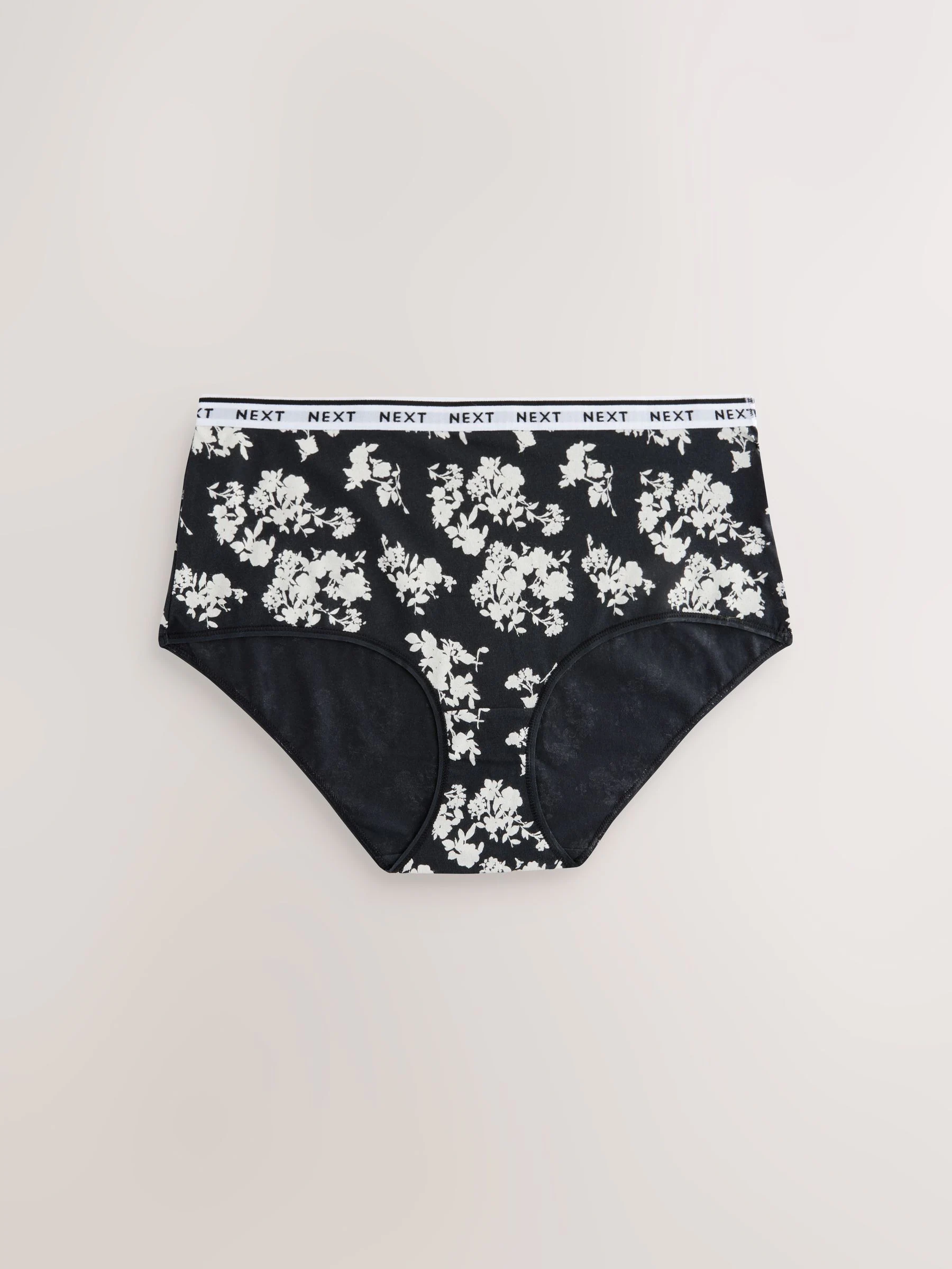 Zwart/wit met bloemenprint - 4 Katoenen slipjes met logotailleband
