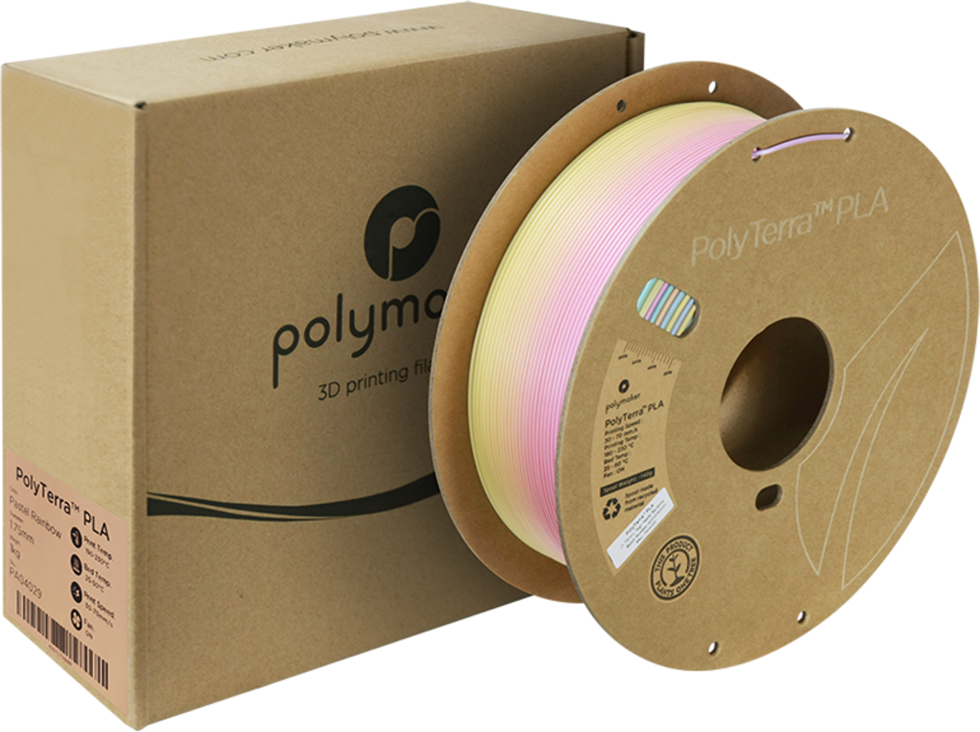 Polymaker  PolyTerra Gradient PLA Pastel Rainbow, 1,75 mm / 1000 g    Umweltfreundliches PLA-Filament mit sanften Farbübergängen