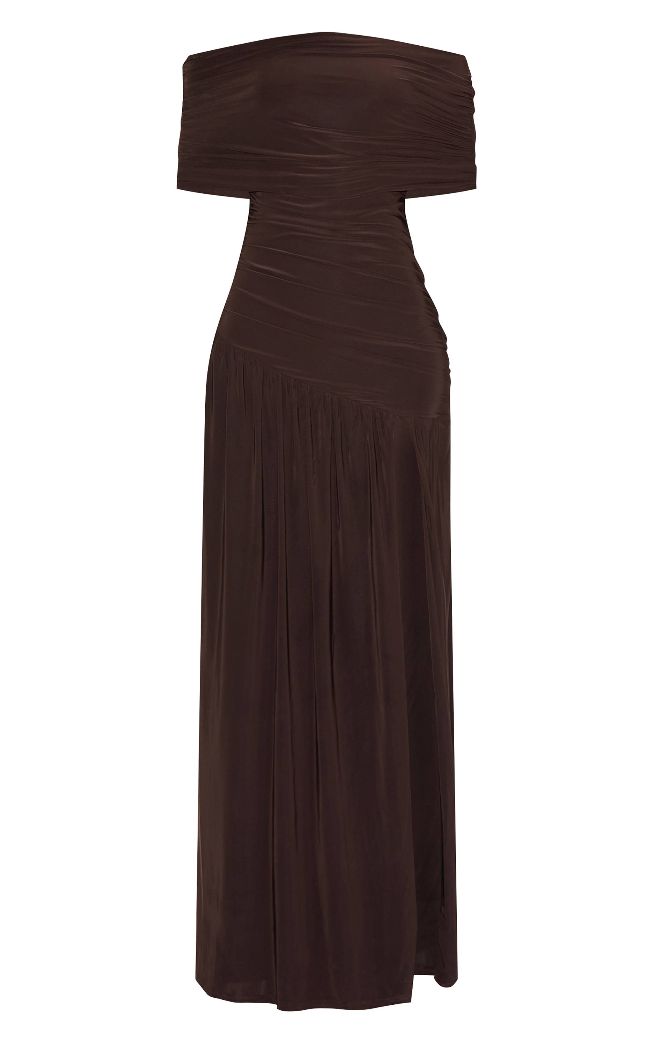 Chocolate Brown Robe Longue Froncée À Double Couche Slinky Bardot Asymétrique