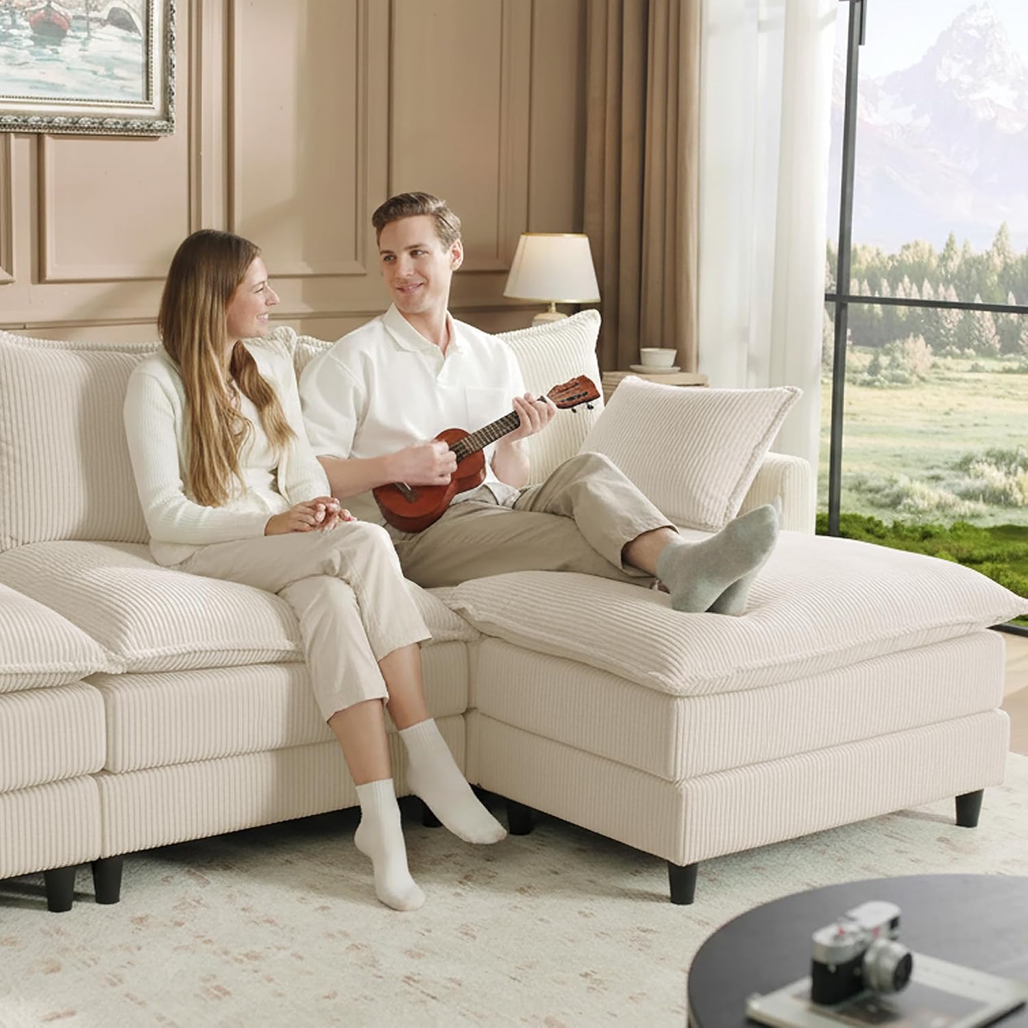 APICIZON Sofa mit Schlaffunktion, Cloud Couch, Sofa L Form, Eckcouch-275x132x80cm, Sofas XXL, Wohnzimmer Cord Schlafcouch, Seitliche Magazin-Aufbewahrungstasche, Beige