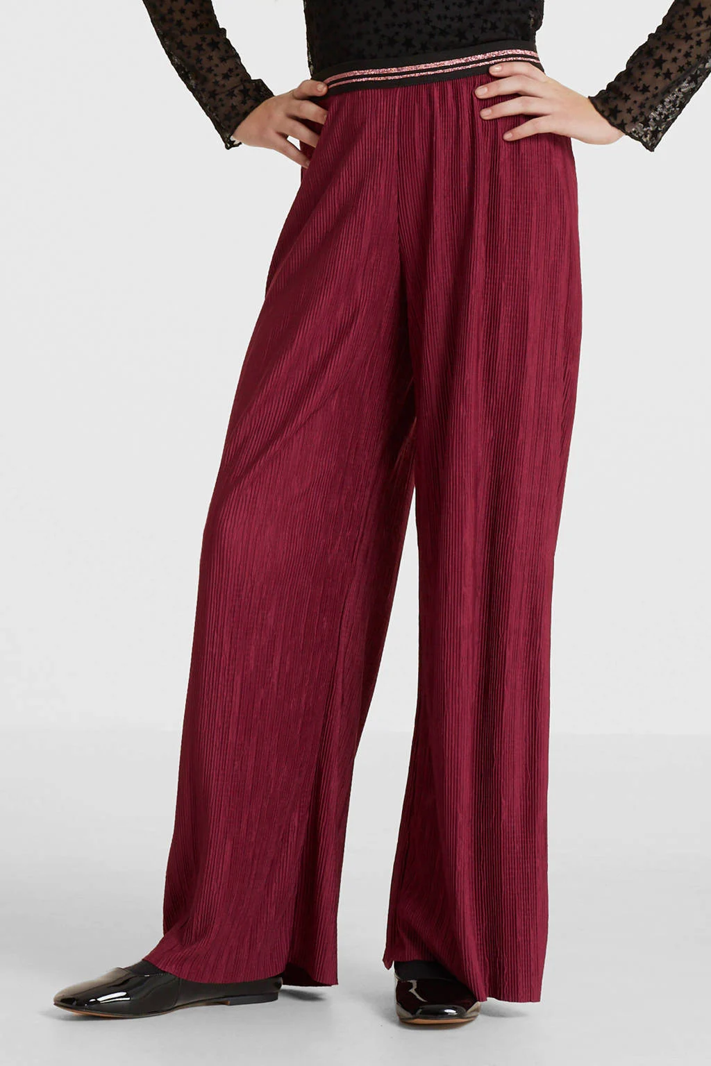 anytime plisse wide leg broek bordeauxrood