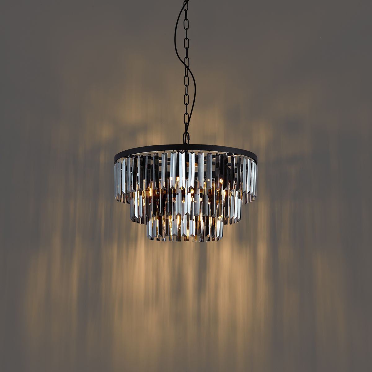 Moderne kroonluchter zwart met smoke glas 9-lichts - Amel
