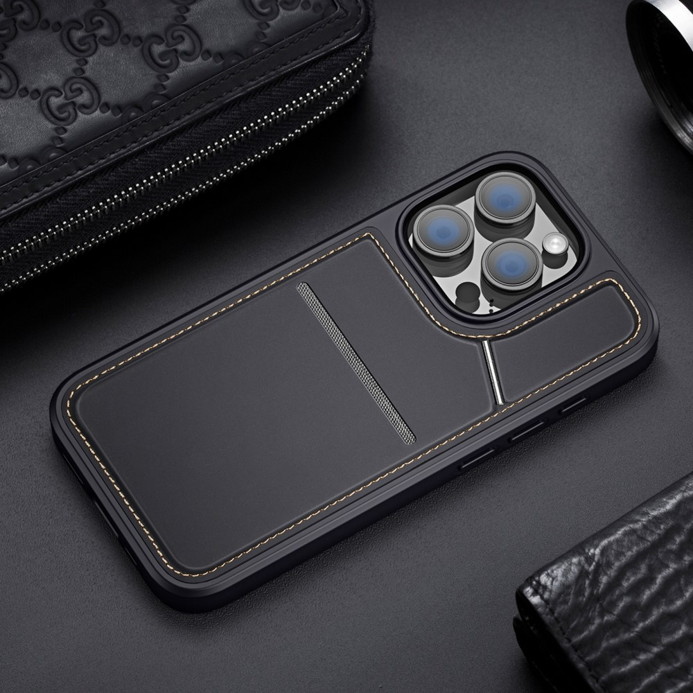 iPhone 16 Pro Max MagSafe Hybrid Leder Hülle mit Kartenfach   Kickstand Aufsteller (RFID Schutz) - Schwarz