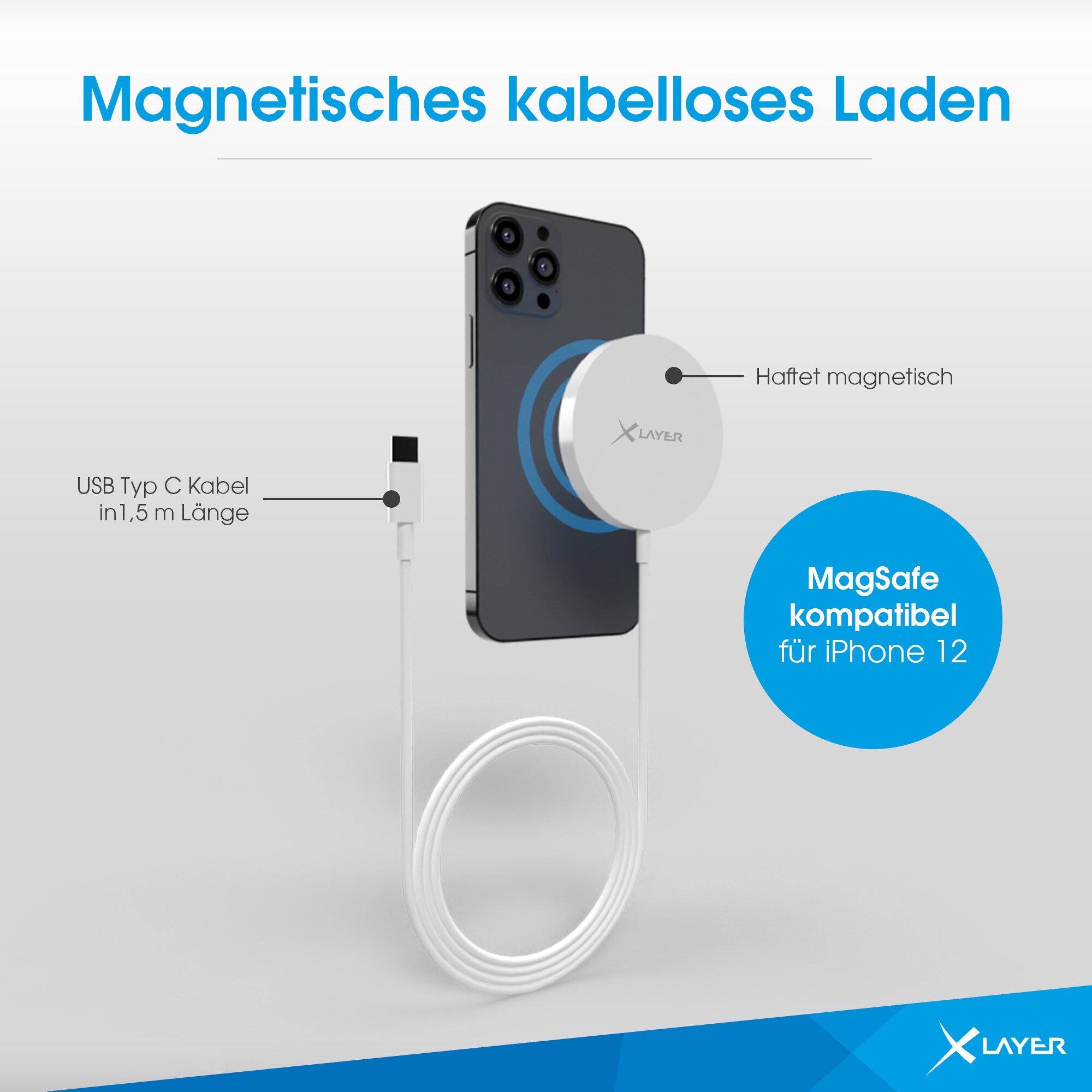 Xlayer WIRELESS Ladegerät MagFix Pro Magsafe Wireless Charging Pad kompatibel 15W Weiß