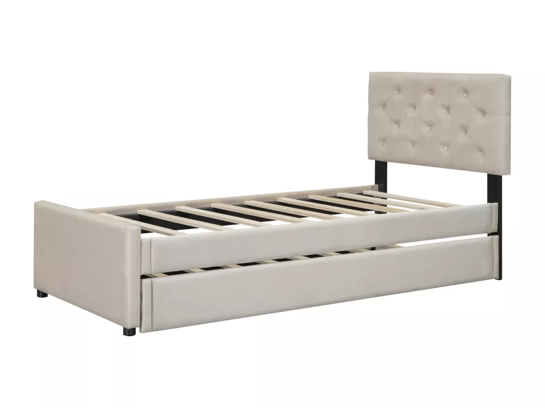 Lit simple 90x200cm en velours - avec un lit gigogne - avec sommier à lattes - Beige (matelas non inclus)