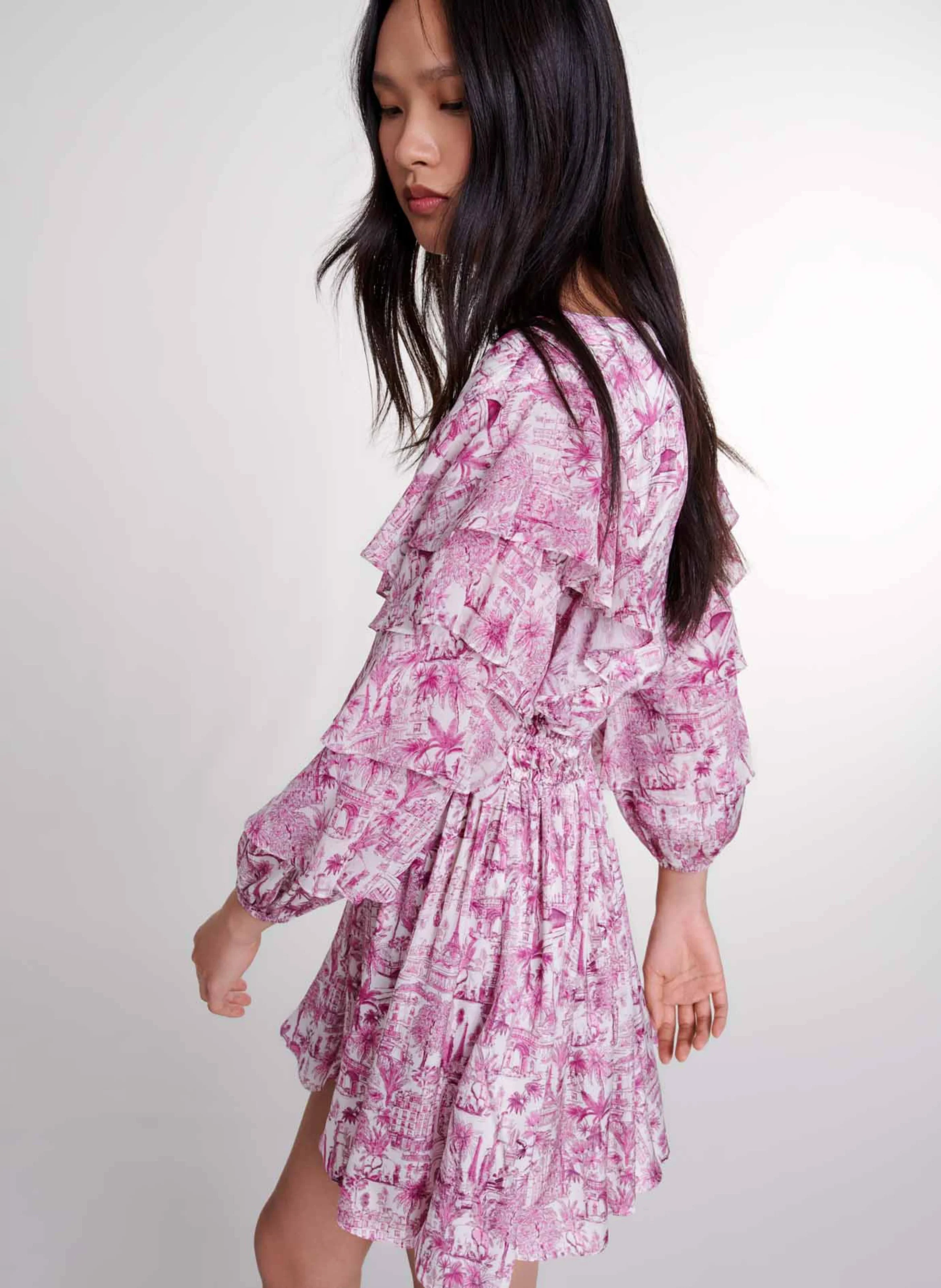 Robe courte col V imprimée | Rose