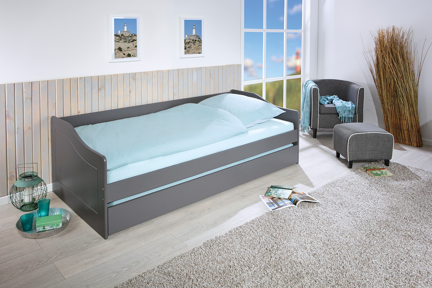 Sofabett MALTE - grau - Massivholz - 2 Liegeflächen