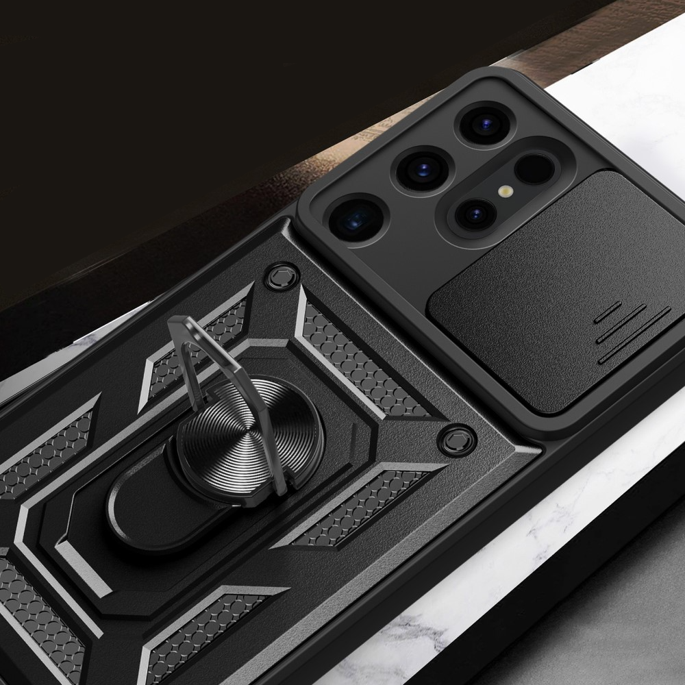 Samsung Galaxy S24 Ultra Hybrid Outdoor Hardcase Hülle mit Cam-Slider   Magnetischer Kickstand - Schwarz