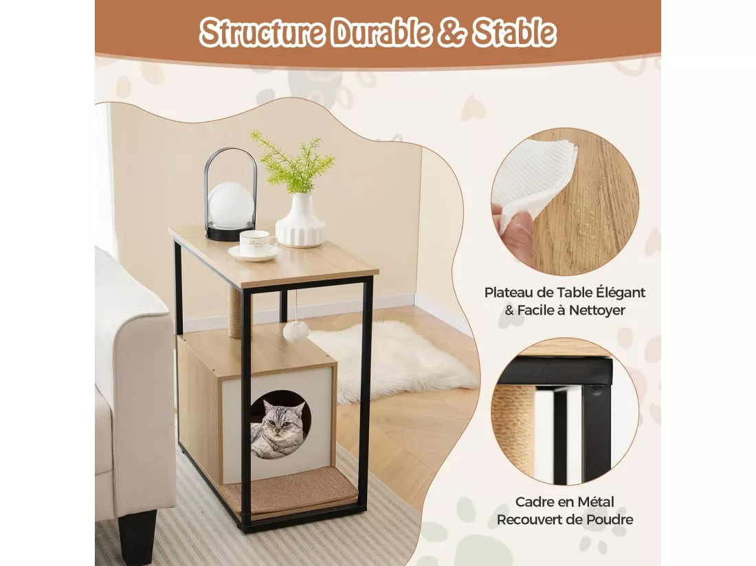 Table d'appoint et condo pour chat, avec griffoir et tapis à gratter amovible, (naturel)