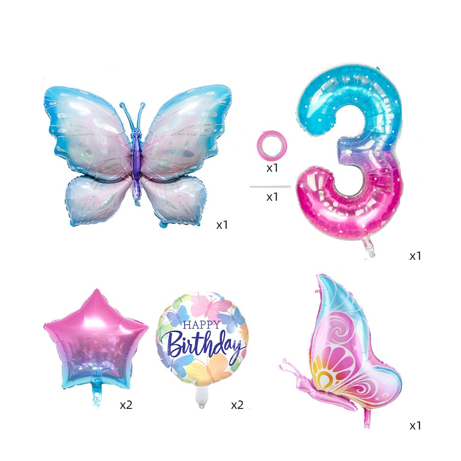 (7-tlg. Set) Zahlen Ballon Kinder Geburtstags Party Folienballon - Zahl 3 / Schmetterling
