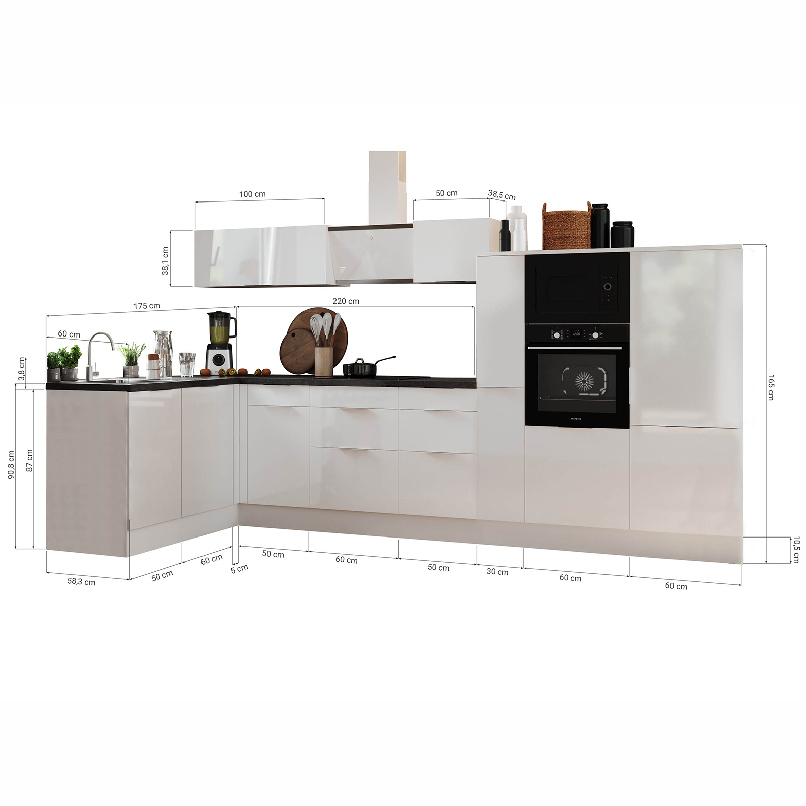 RESPEKTA Winkelküche - weiß Hochglanz - weiß matt - mit E-Geräten - 370x175 cm
