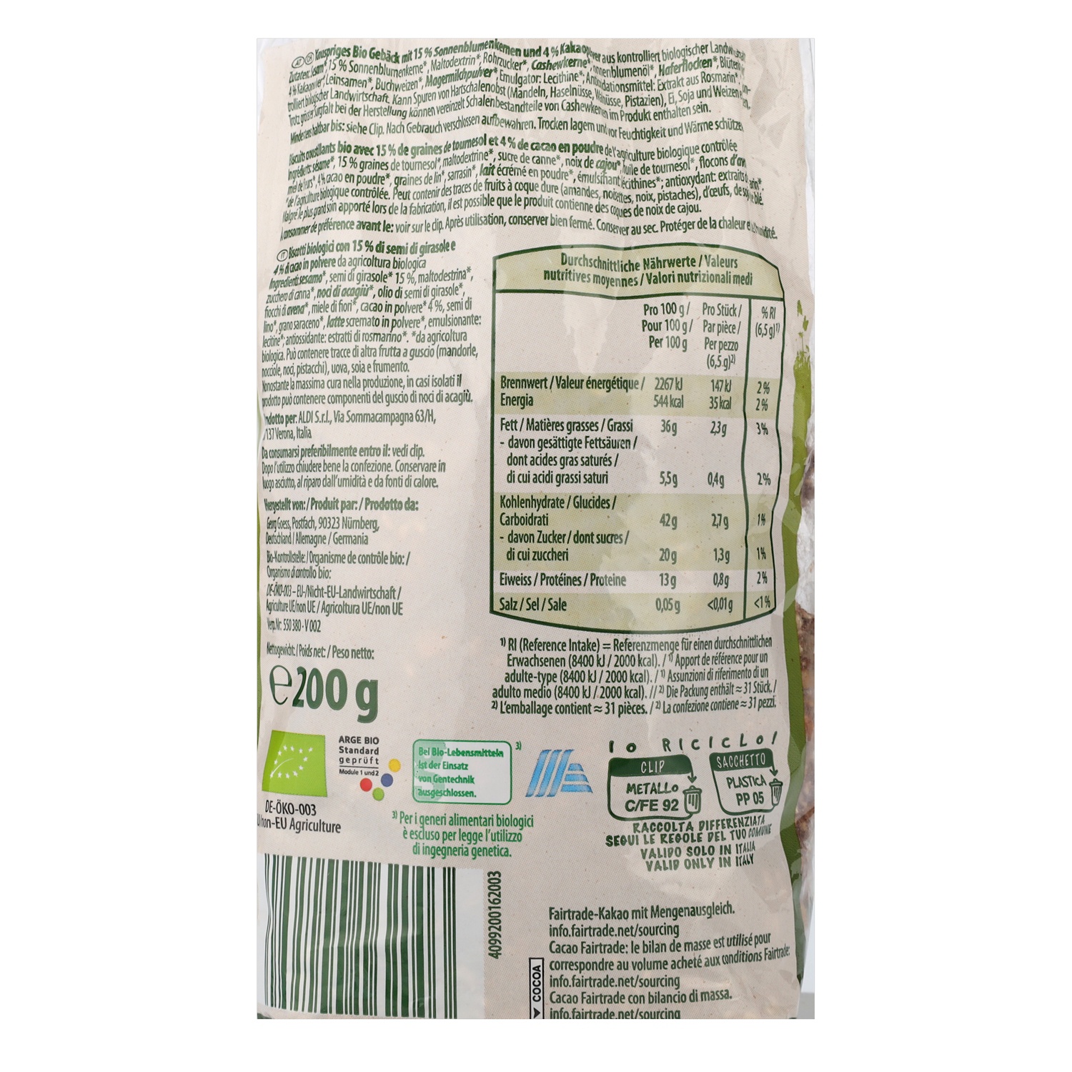 NATUR AKTIV BIO-Vitalgebäck, Sonnenblumenkerne-Kakao 200 g