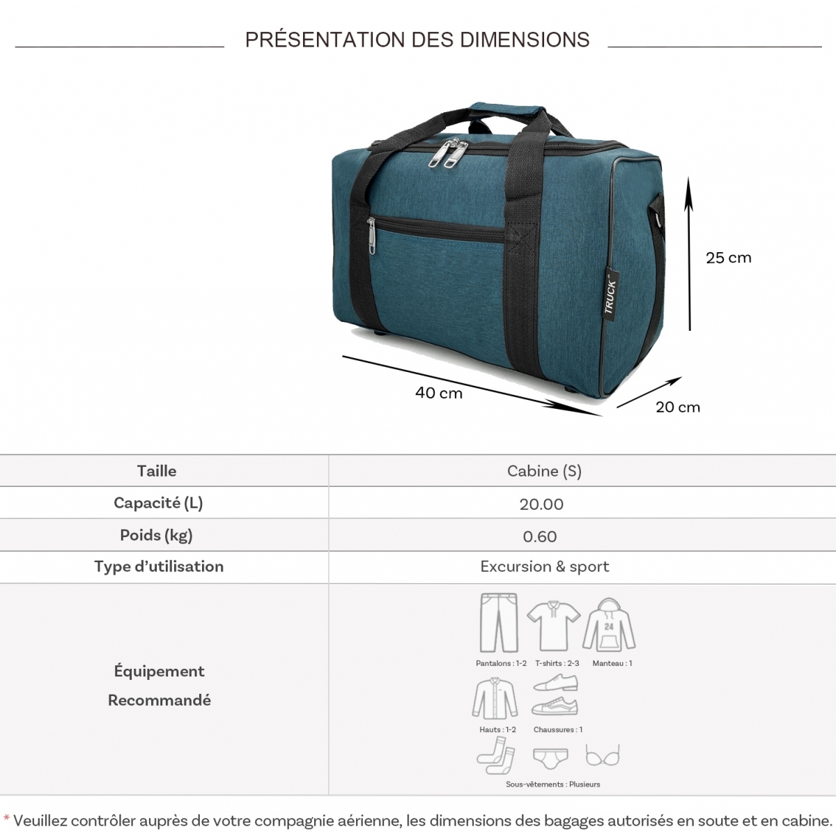 Truck Sac de voyage 20L week-end et sport Truck polyester format Ryan Air sans roulettes