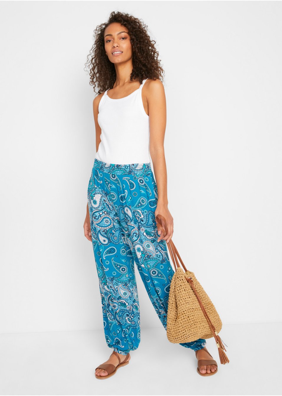 Pantalon sarouel en jersey imprimé avec taille smockée confortable