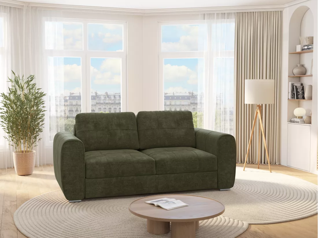 Canapé 3 places convertible express en tissu vert - Couchage 140 cm - Matelas 22 cm BOLIPO