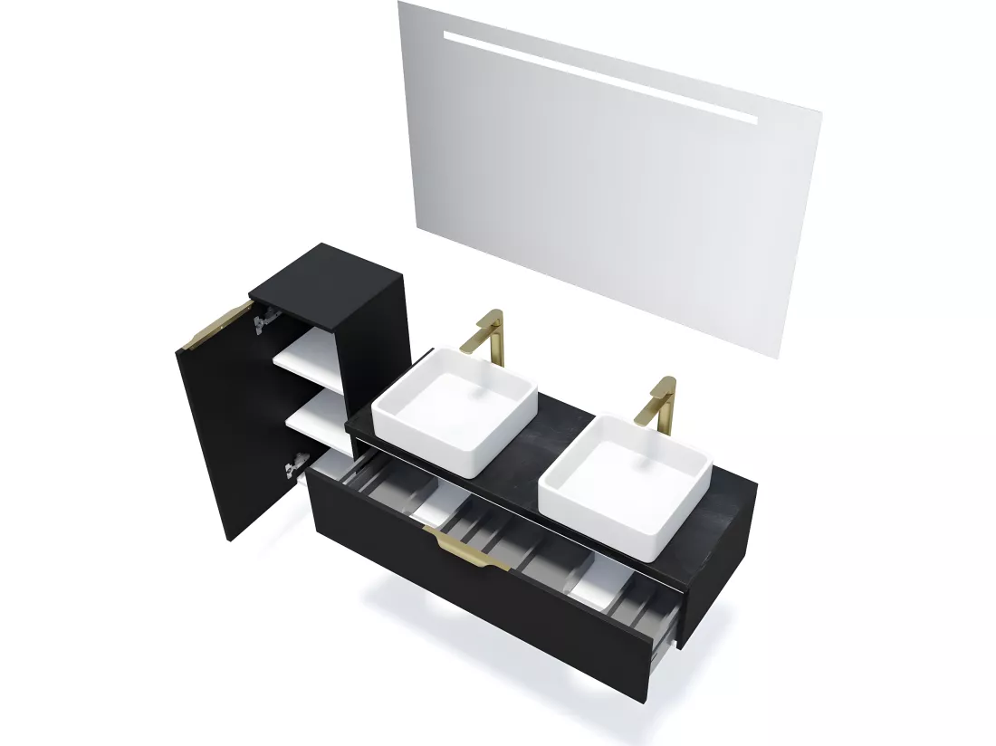 Meuble de salle de bain suspendu 2 vasques à poser 120cm 1 tiroir Noir - Venice