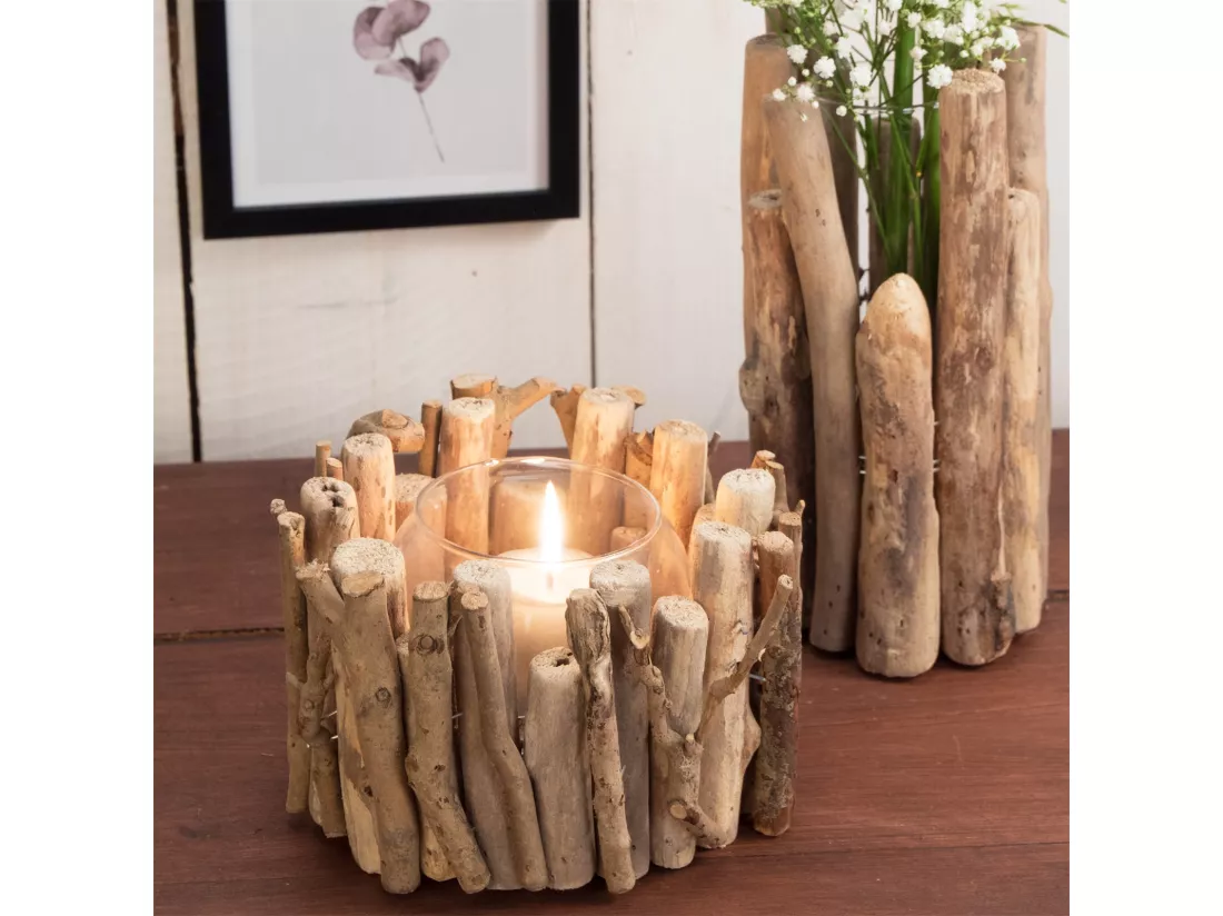 LANTERNE Hana 12x17x17 cm, bois flotté, avec insert en verre couleurs naturelles