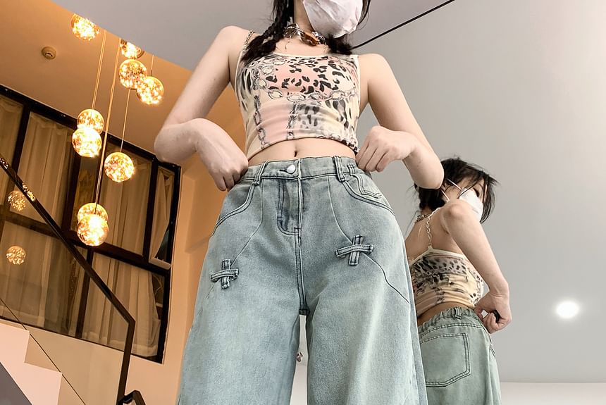 Porstina - Mid Rise Washed Wide Leg Cargo Jeans