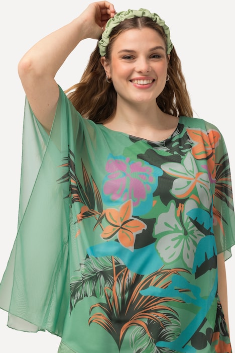 Bluse, Blüten, doppellagig, Rundhals, Halbarm