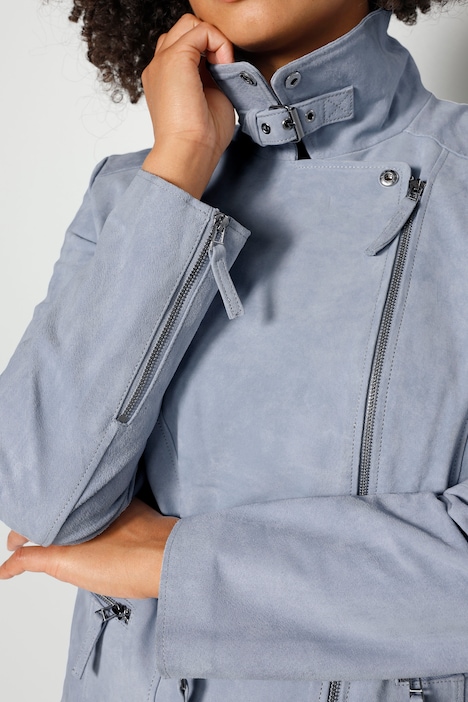 Leder-Bikerjacke, echtes Leder, Revers, Zipper, Langarm
