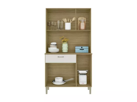 Buffet de Cuisine 6 Portes 1 Tiroir Chêne et Blanc 5 Niches L92 H170.5 P36.3 cm