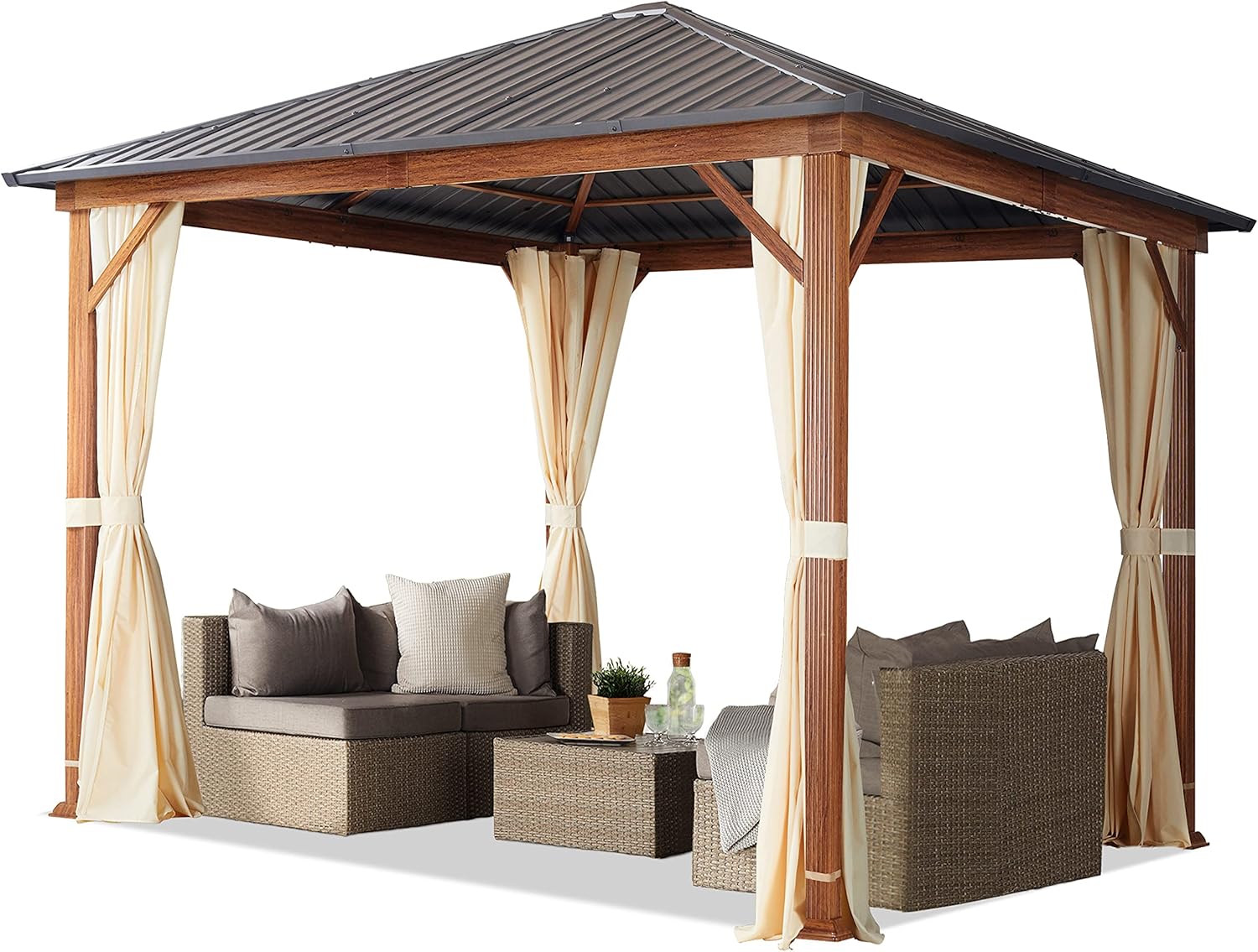 TOOLPORT Gartenpavillon 3x3 m Holzoptik, Stahldach Hardtop 4 Seitenteile in Champagner