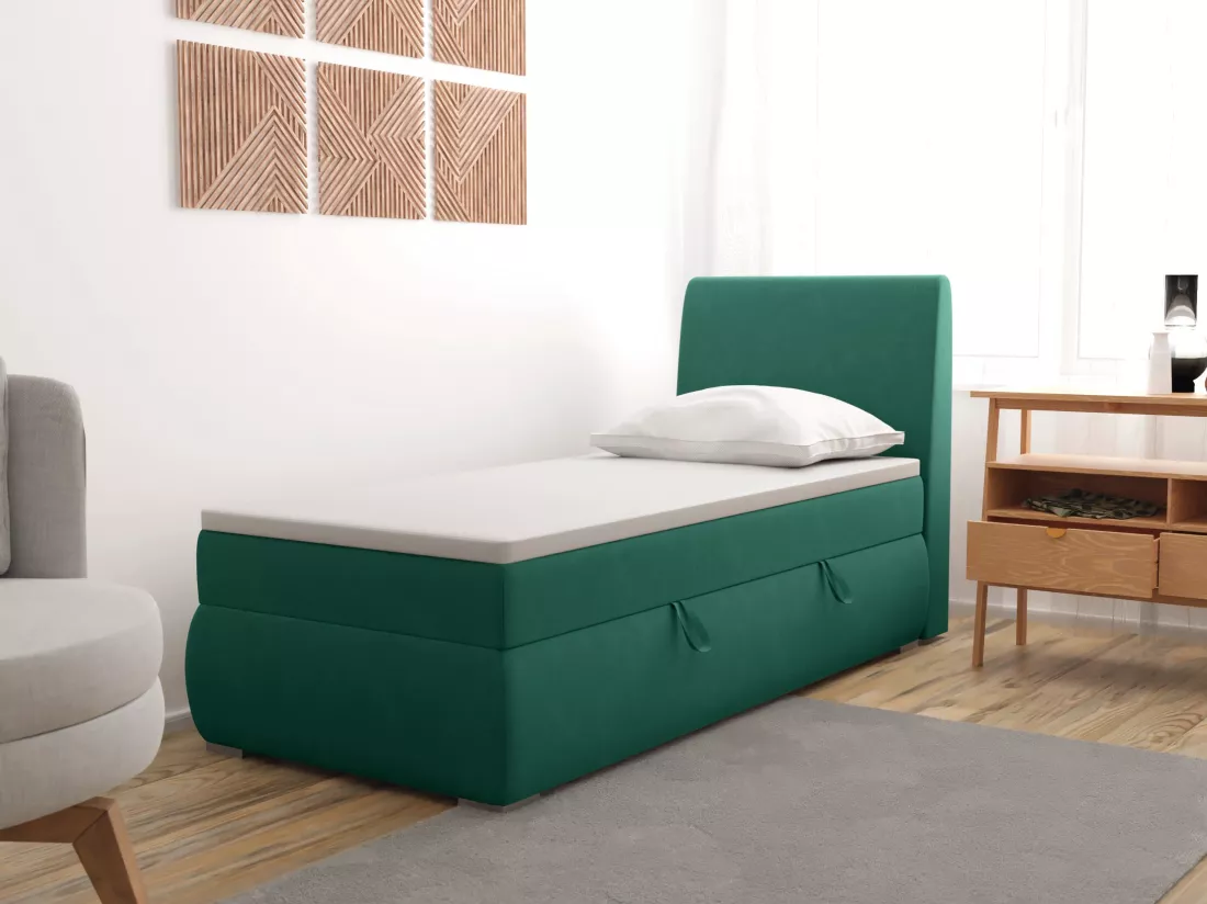 LIT BOXSPRING avec coffre de rangement Buffalo Mini côté droit 100x200 cm, Fancy 36 (Vert)
