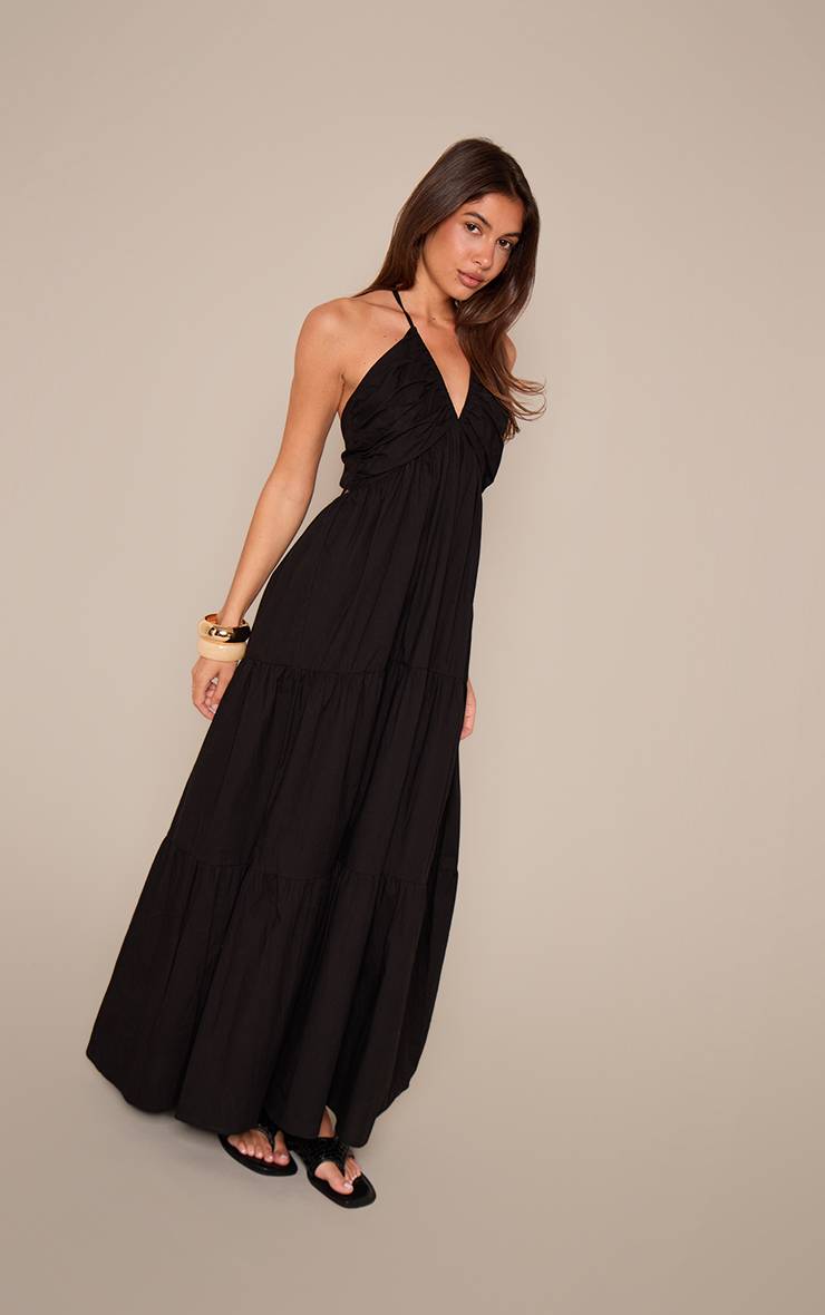 Noir Robe Longue Étagée En Popeline De Coton À Encolure Croisée Dos Nu