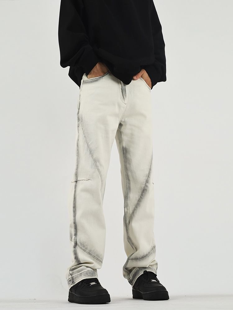 Zentrus - Mid Rise Washed Panel Straight Leg Jeans / Effen Cropped Straight Leg Dress Pants