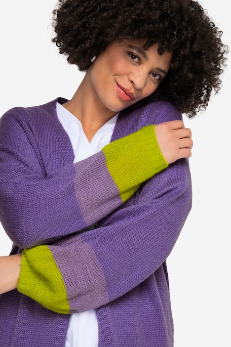 Long-Strickjacke, offene Form, farbige Abschlüsse, Ballonärmel