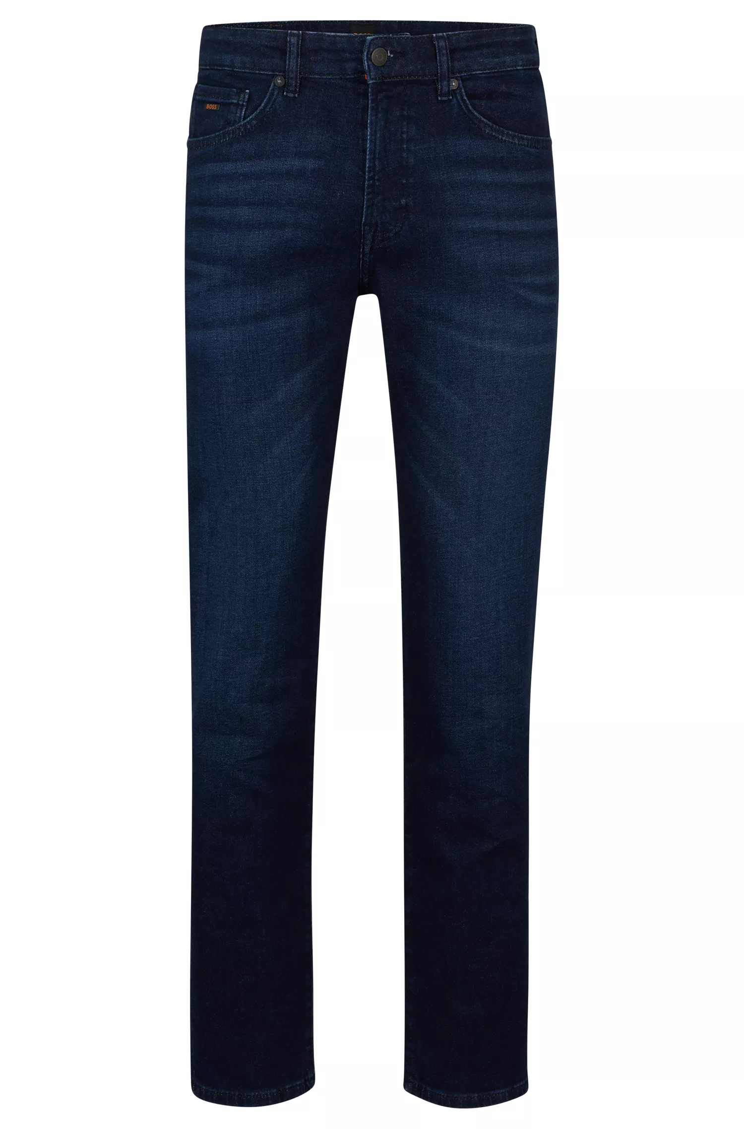 Calça jeans BOSS laranja, corte regular, em denim azul-escuro com elasticidade confortável.