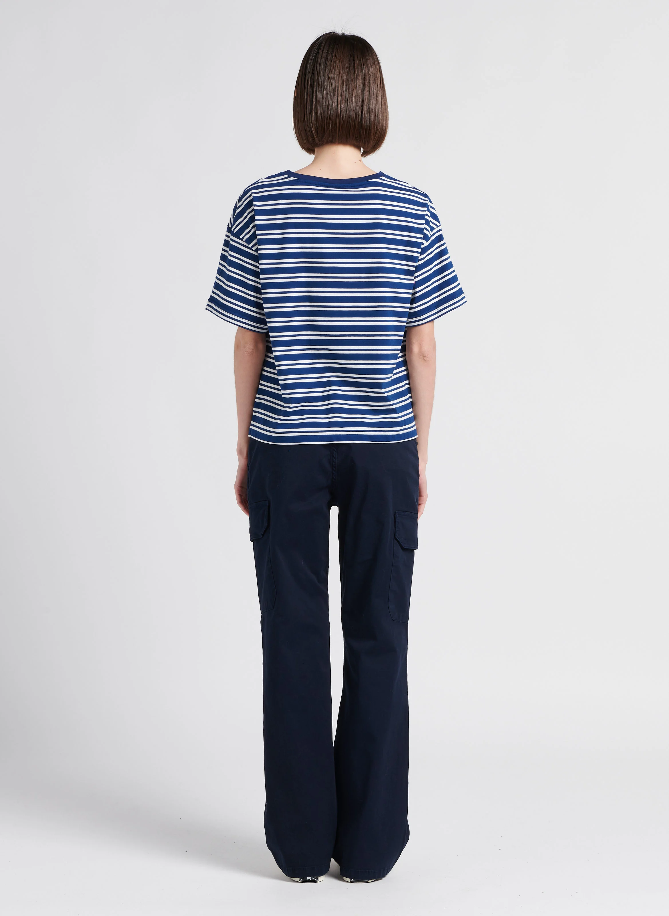 Tee-shirt col rond à rayures en coton| Bleu