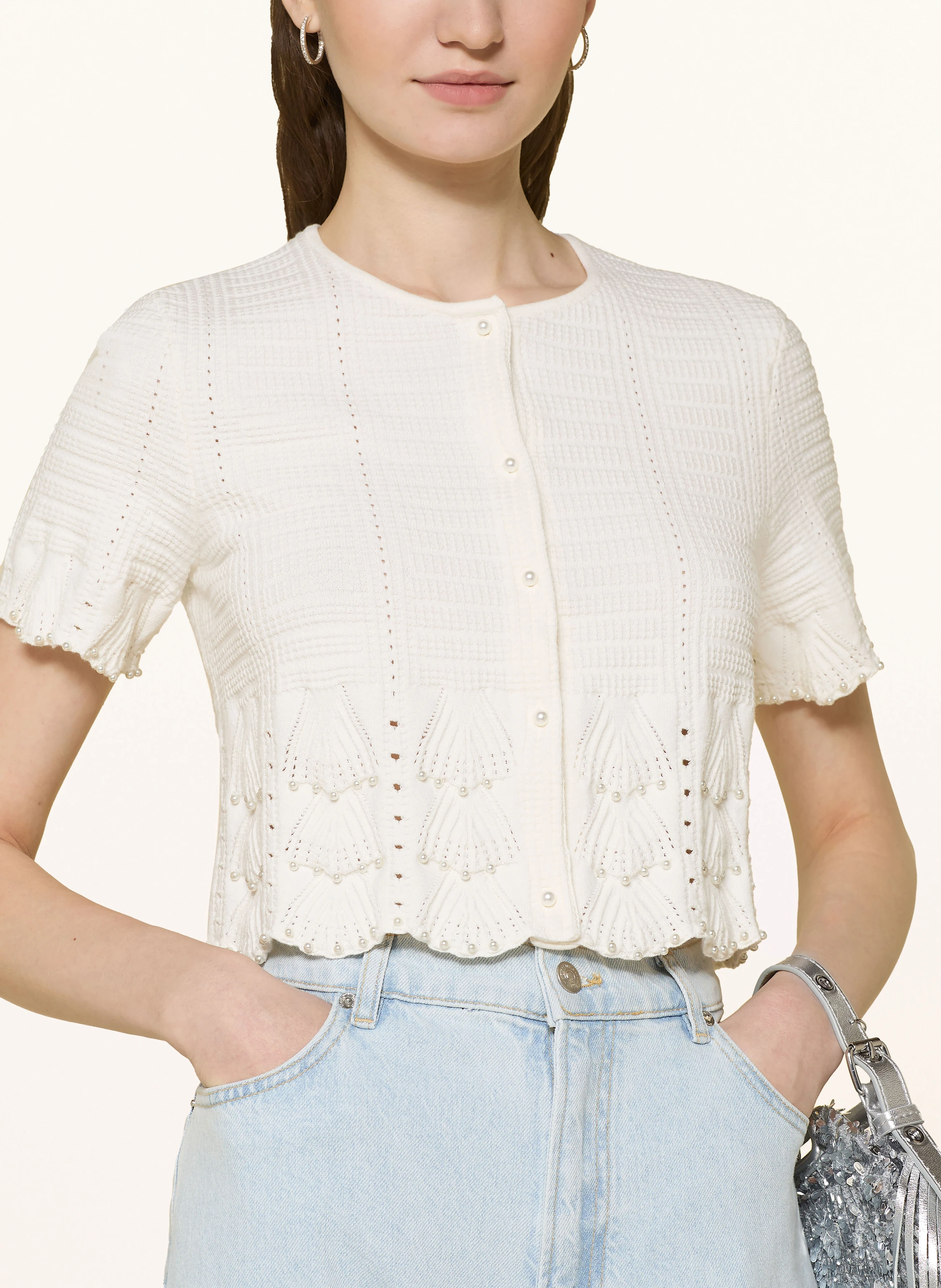 maje Cropped-Strickshirt mit Schmuckperlen