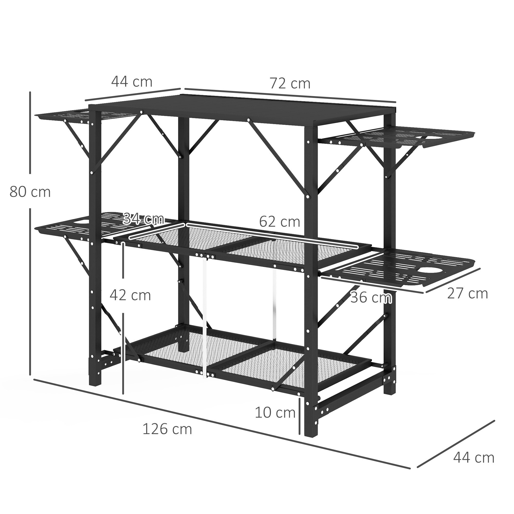 Outsunny Campingtisch mit Regalen schwarz 126L x 44B x 80H cm