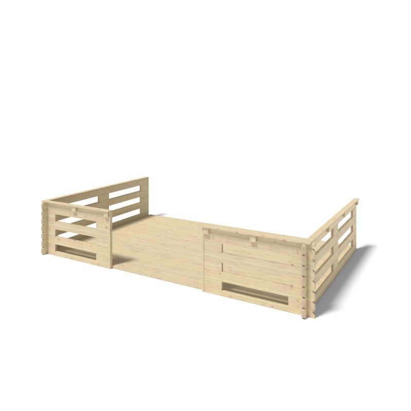 Abri de jardin en bois - 5x5 m - 40 m2 + terrasse avec balustrade et avant-toit en bois