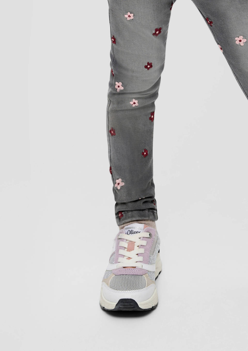 s.Oliver gebloemde skinny jeans grijs/roze/rood