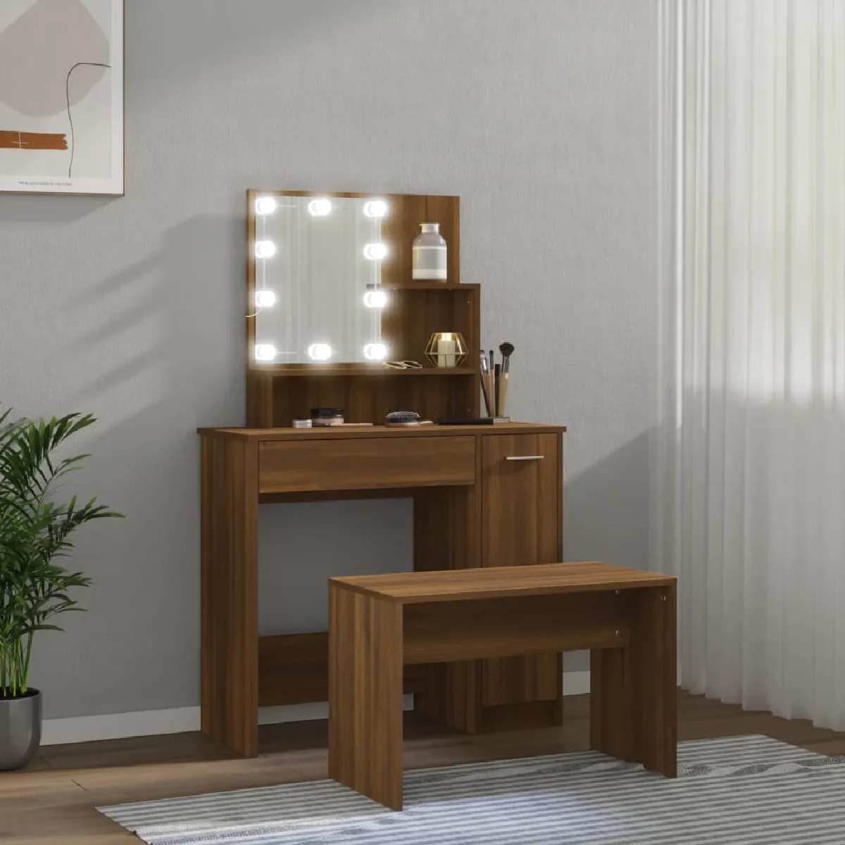 vidaXL Ensemble Coiffeuse avec LED - Chêne Marron