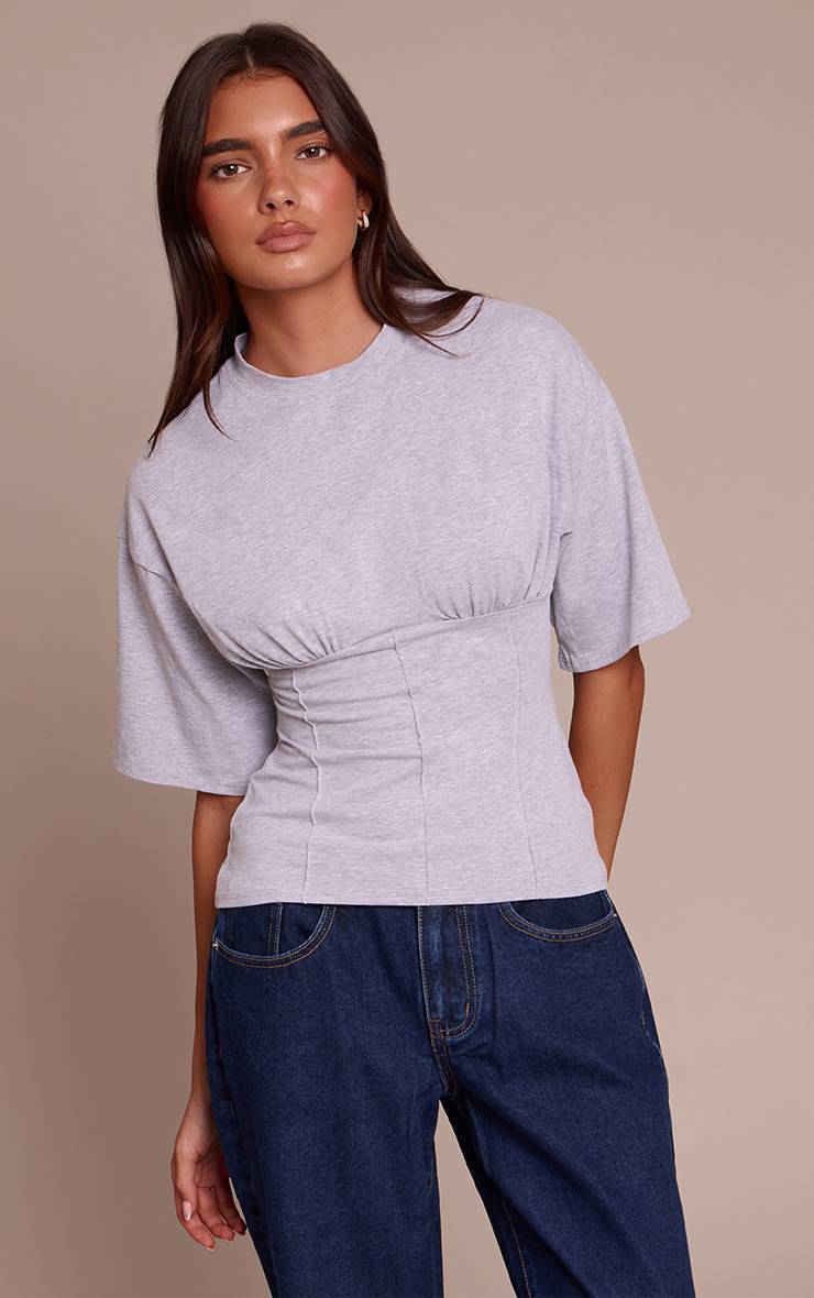 Gris Chiné T-shirt Ajusté En Coton Avec Détail Froncé À La Poitrine