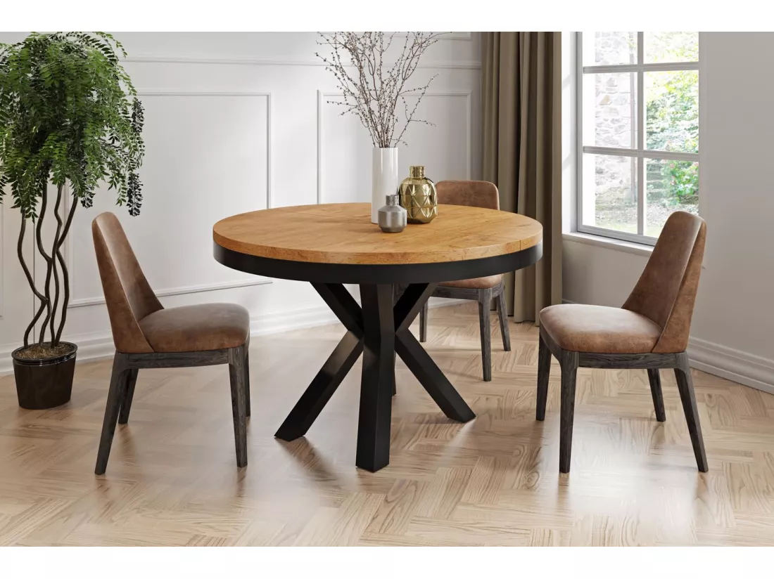 Table à Manger Ronde Extensible Style Loft - Table Industrielle Avec Pieds En Métal Noir - Gain De Place Pour Salon Et Séjour - Chêne Lancelot - 120 Cm
