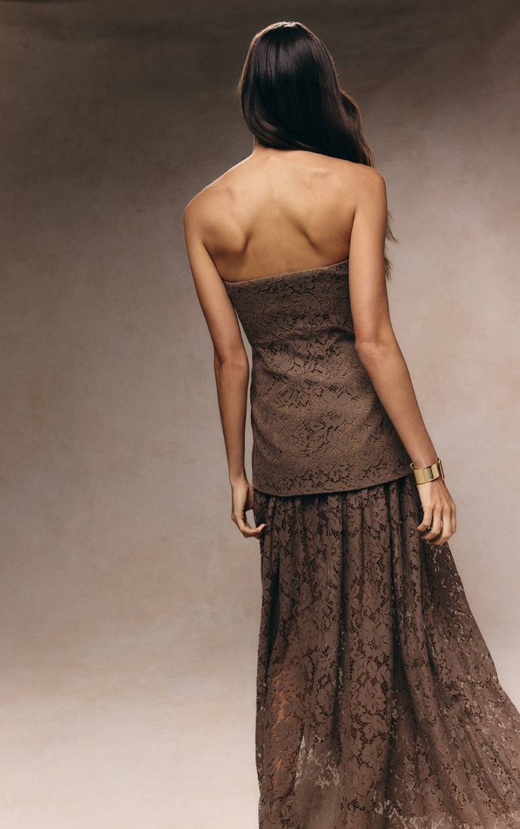 Taupe Robe Midaxi Bandeau À Empiècements De Jupe En Dentelle Transparente