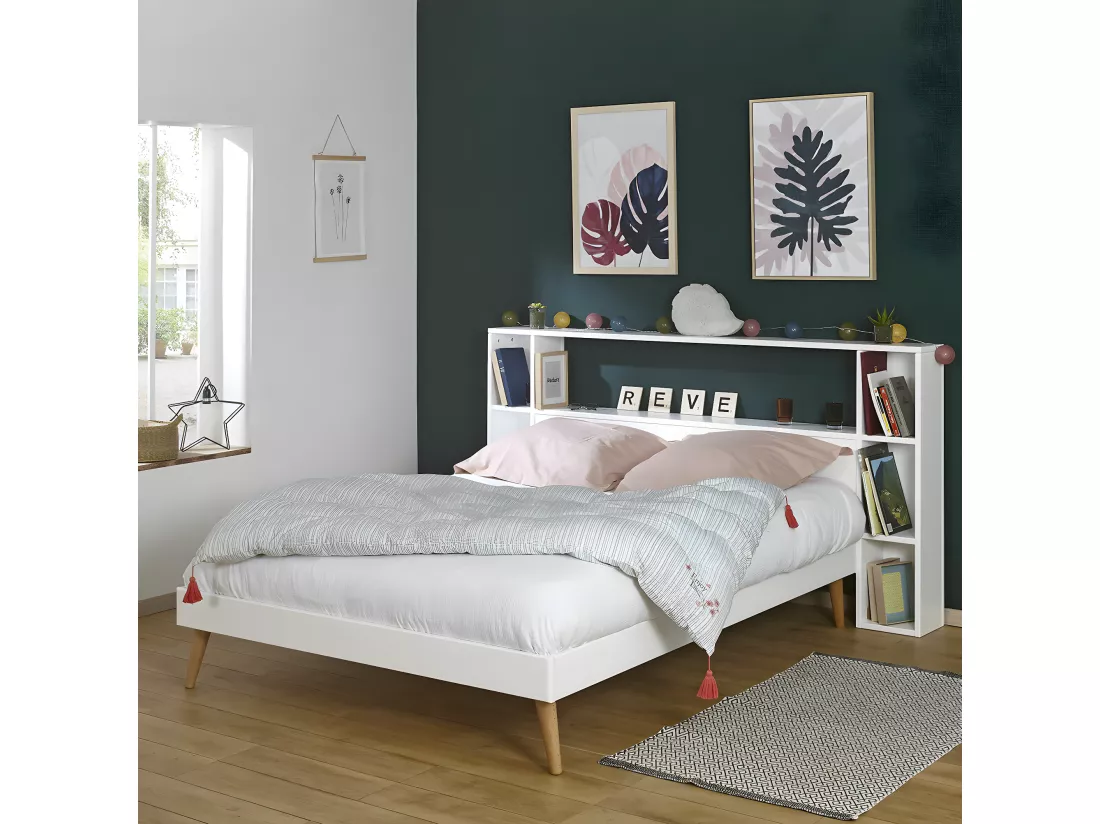 Tête de lit avec rangements 120 cm bois massif bois naturel LOU
