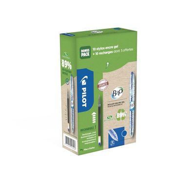 Pilot B2P - Pack de 10 Rollers + 10 Recharges - 0,7 mm - bleu