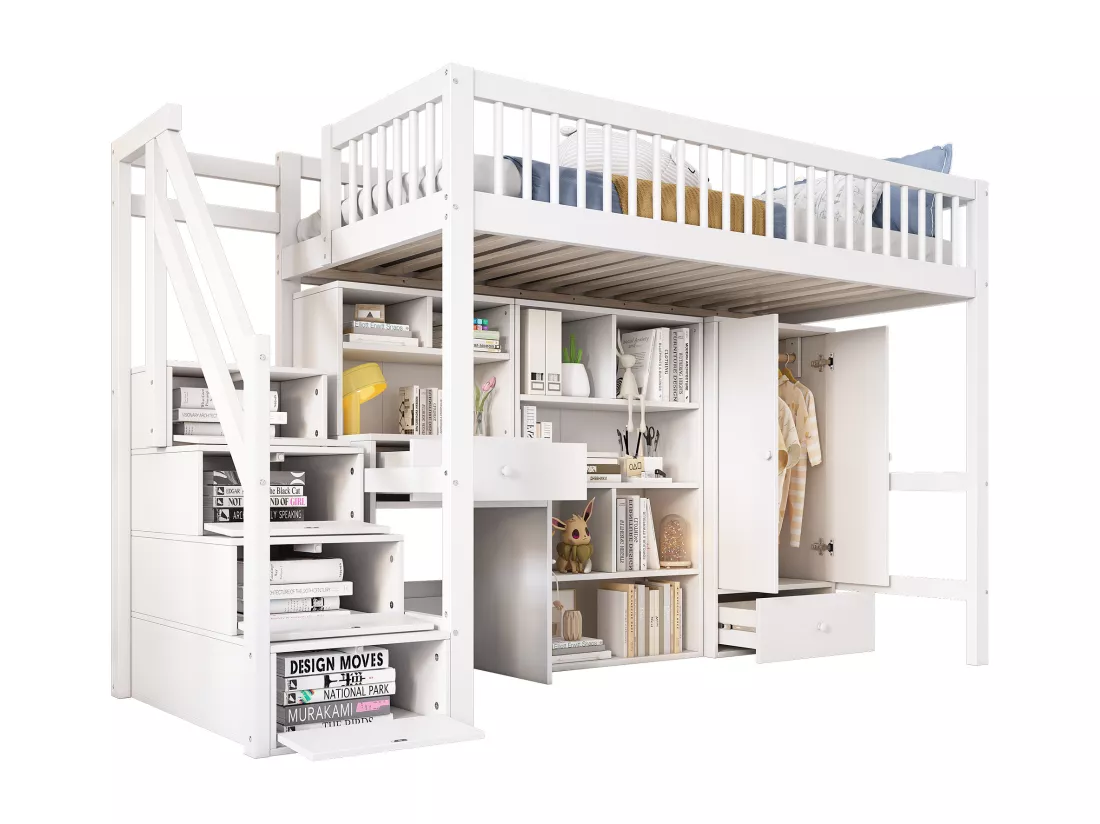 Lit mezzanine multifonctionnel en bois et MDF - 90x200 cm - avec escalier de rangement, bureau et armoire - Blanc(sans matelas)