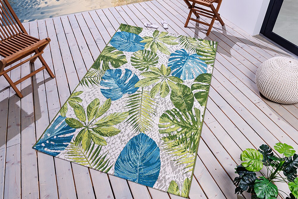 riess-ambiente Teppich LEAF - 235x160cm türkis grün weiß Blätter florales Design wetterfest In- und Outdoor