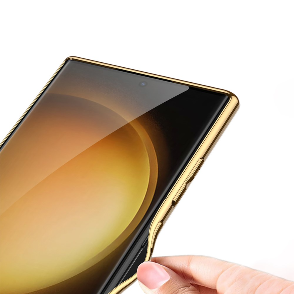 Samsung Galaxy S24 Ultra Leder Hardcase Hülle mit Galvanisiertem Rahmen   Kameraschutz - Gold / Schwarz