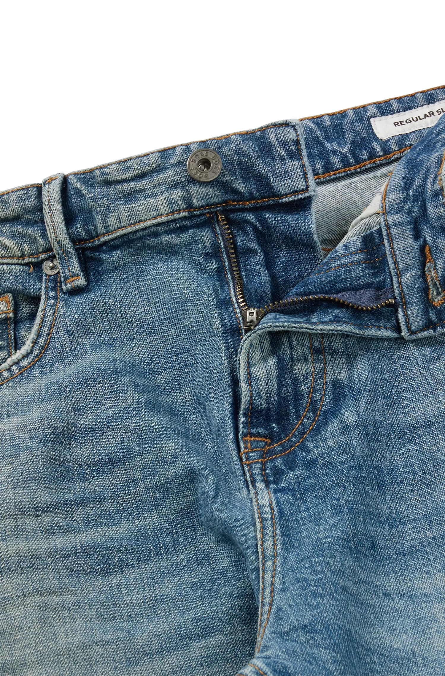 Calça jeans BOSS laranja, corte afunilado, em denim italiano selvedge azul.