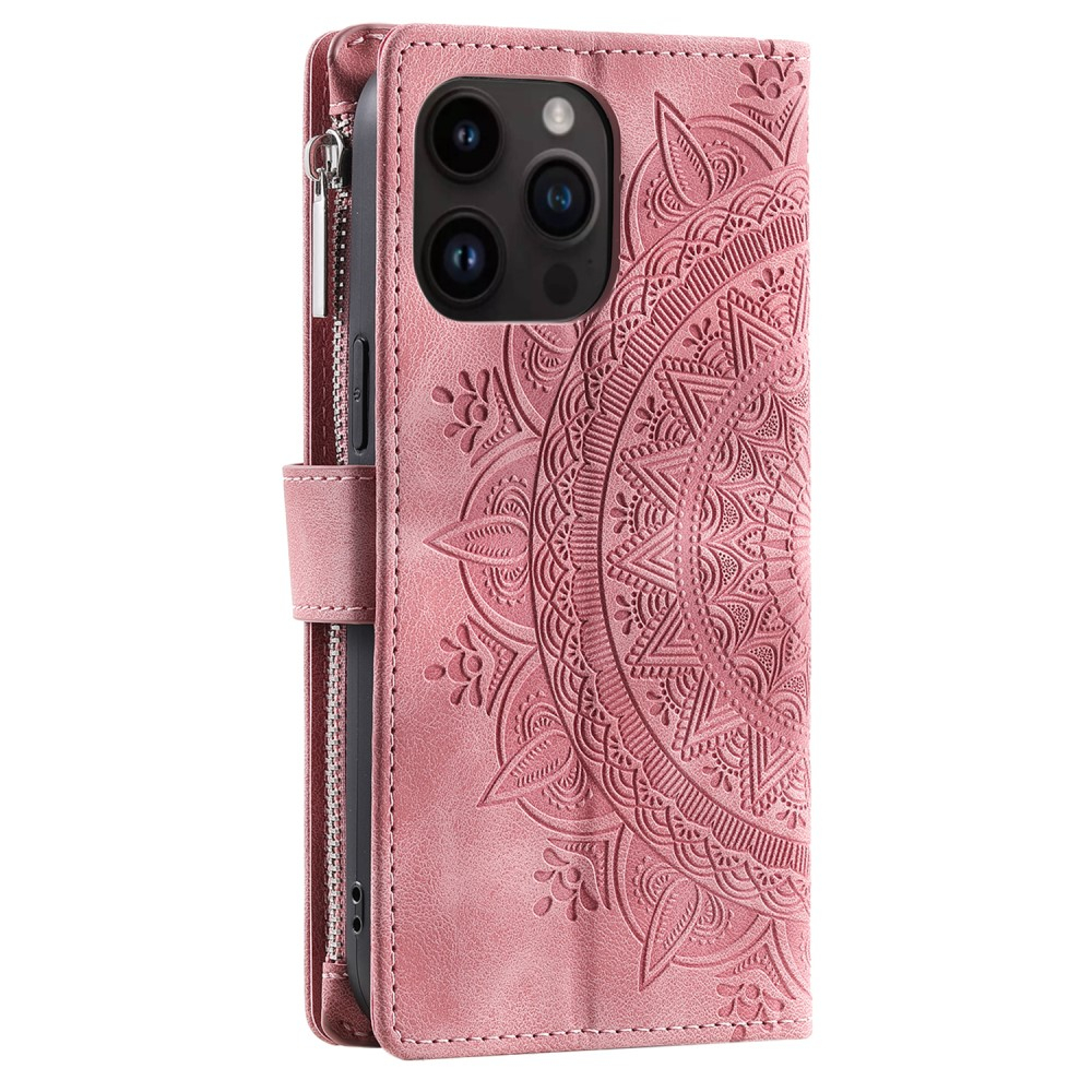 iPhone 16 Pro Max Leder Tasche Flip Cover mit Reissverschluss - Mandala Flowers Imprint - Rosa
